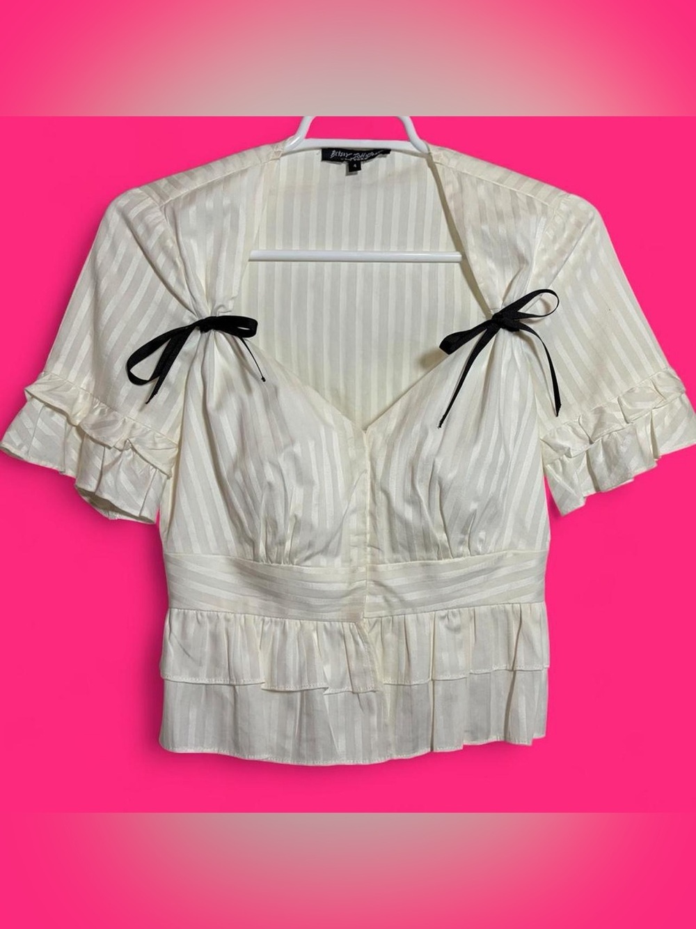 Betsey Johnson White Striped Ruffle Peplum Top with Black Tie Straps